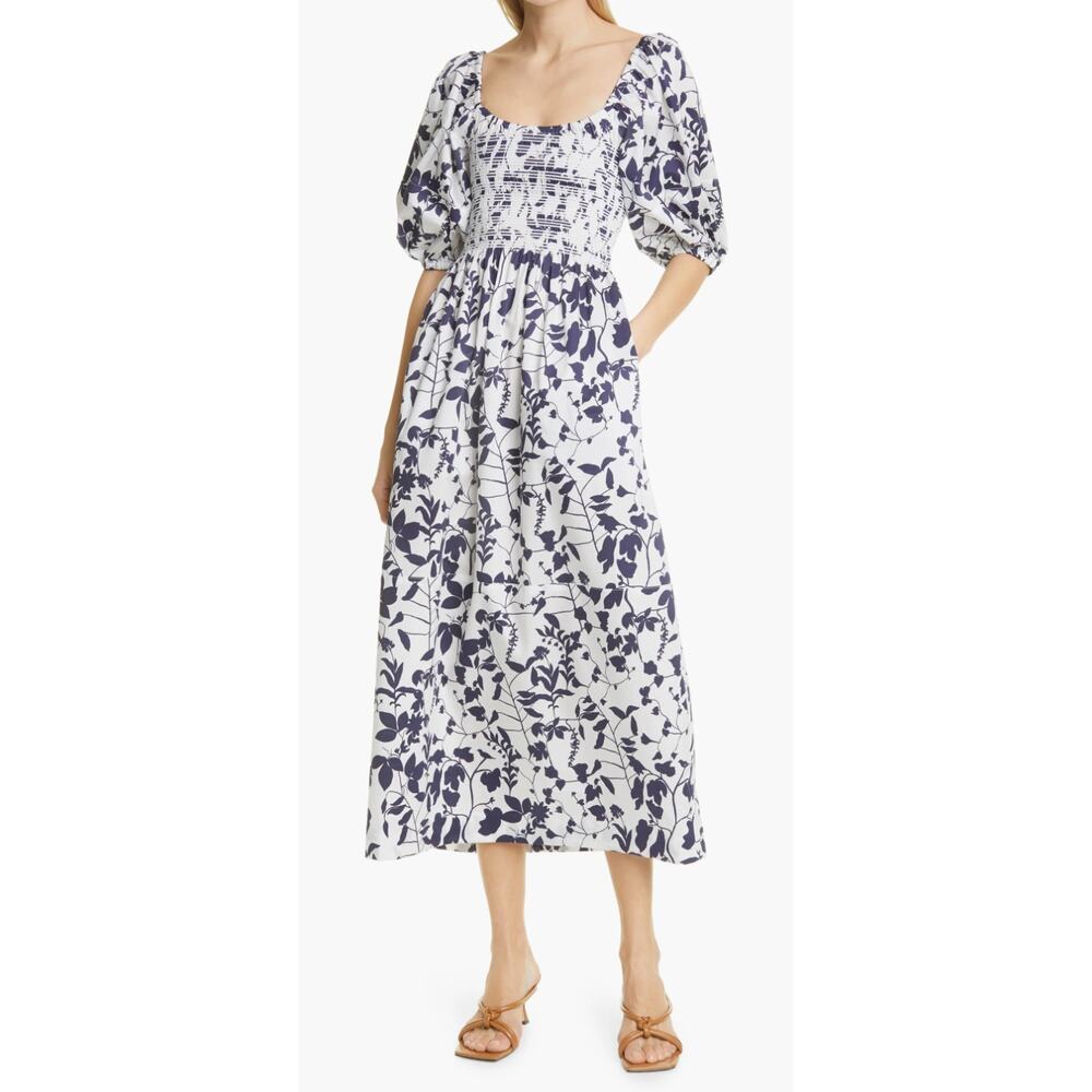 La Ligne Tuckernuck Navy Blue White Floral Daisy Smocked Puff Sleeve Midi Dress
